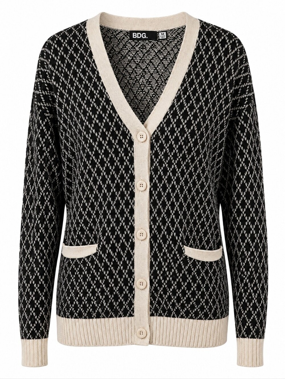 BDG Urban Outfitters M Black Cream Argyle Cardigan Sweater Preppy Academia